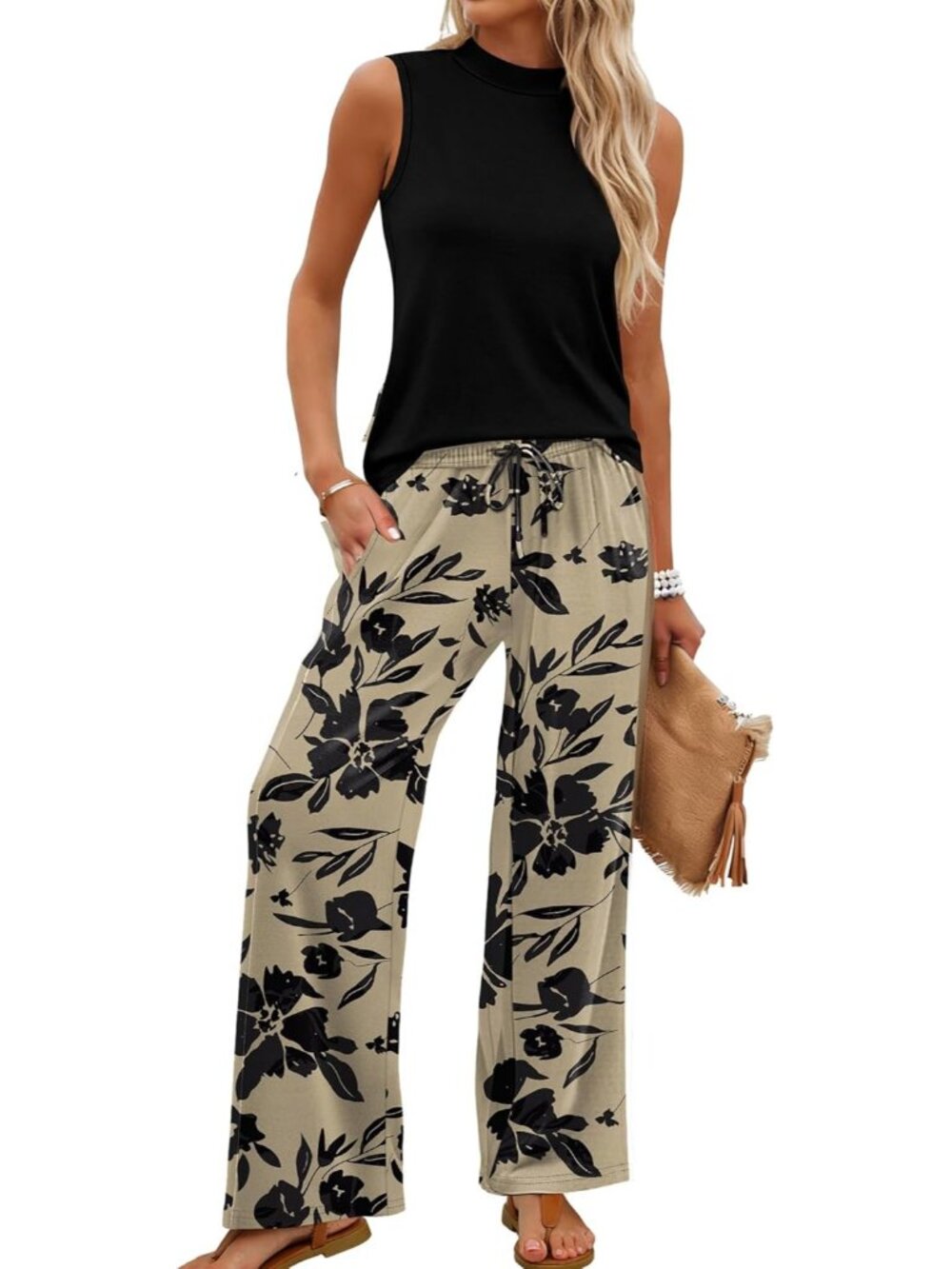 🆕Women Floral Beige 2 Piece Set Summer Spring Outfits Mock Neck Wide Leg Pants